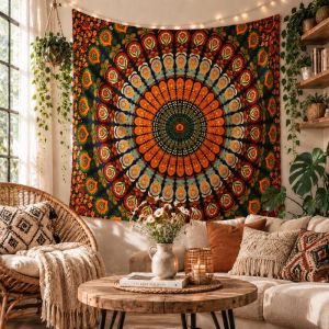 VIKAMA Wall Tapestry Boho Mandala Red Orange Green Blue Medallion Art Home Decor Living Room Bedroom Dorm Aesthetic Print Soft