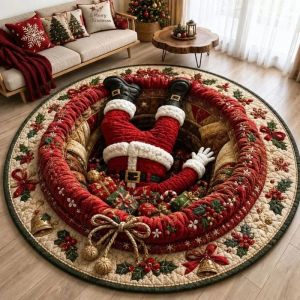 Thảm Tròn Giáng Sinh 3D VIKAMA Với Họa Tiết Ông Già Noel Lỗ Và Chuông Họa Tiết Holly Chất Liệu Polyester Cao Cấp Thảm Trải Sàn Trong Nhà Cho Phòng Khách Trang Trí Nhà Cửa Ngày Lễ