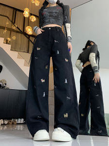 QIANCHANGNAAI | Vintage American Dog Embroidery Straight Leg Denim Jeans