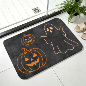 VIKAMA Cute Halloween Pumpkin Ghost Flannel RugNon Slip Absorbent Doormat Soft Flannel Floor Mat for Indoor Home Holiday Decor