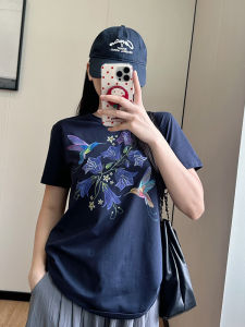 Loose Casual round Neck Short Sleeve T-Shirt Womens plus Size Summer New Style Floral All-Match Cotton Polyester Blend Female Top