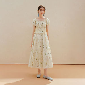 INMAN | Floral Lace Waist Cinched Bubble Sleeve One-shoulder Maxi Dress