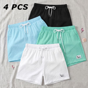 4 Piece Set Mens Seersucker Beach Shorts with Mesh Liner Summer Casual Board Shorts with Side Pockets Quick Dry Swim Trunks