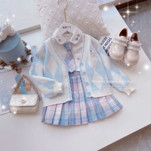 Spring Fashion College Style Girls Three-Piece Set Baby Spring Autumn New Style Childrens Internet Celebrity Top Korean Version Two-Toddler