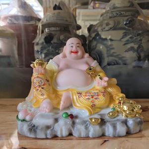 [8inch] Tượng Di Lặc Ngồi Tay Cầm Vàng Chất Liệu Bằng Đá Cao 20cm Màu Vàng Rất Đẹp