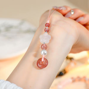 สร้อยคอโทรศัพท์มือถือประดับดอกไม้เซรามิกสีขาวธรรมชาติ ลูกปัดคริสตัลสีแดง ลูกปัดสุริยะทรงกลม เครื่องประดับโทรศัพท์มือถือ