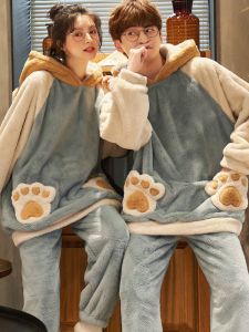 Couples Thickened Coral Fleece Pajamas Mens Sleepwear Cute Animal Design Autumn Winter Home Clothes Matching Set for Youth