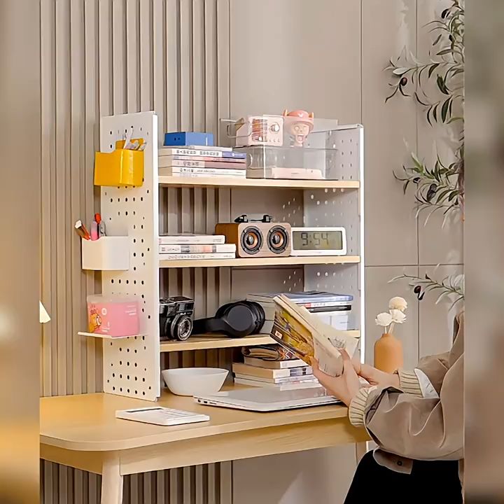 QUANU Desktop Bookshelf Multipurpose Storage Rack Desk Hole Board Home ...