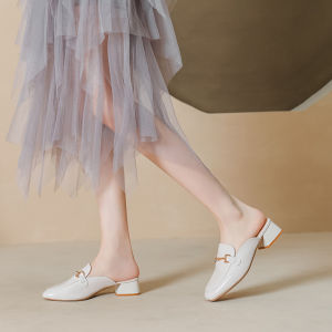 2023 New Summer Korean Style High Heel Half Slip on Mules Women Outdoor Wear Pure Color Chunky Heel Rubber Bottom Shoes