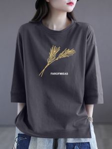 Discounted Pure Cotton Printed T-Shirt with Sleeve Tags Removed Versatile Slimming Anti-Aging Seven-Quarter Sleeve Trendy Top