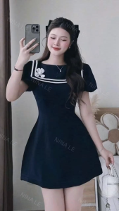 Váy nữ dáng ngắn đầm thiết kế tay bồng phối viền trắng đính hoa phong cách tiểu thư NEWFASHION99