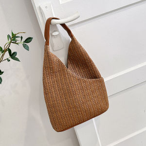 Beach Casual Large Capacity Straw Woven Tote Bag Summer 2025 Trendy Single Shoulder Bag Shopping Basket Bucket Shape Soft Handbag
