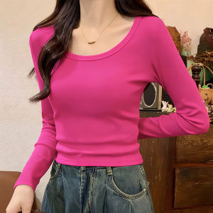 เสื้อยืดคอกลมแขนยาวทรงเข้ารูปสำหรับผู้หญิง ทรงพื้นฐาน ฤดูใบไม้ร่วง ผ้าฝ้าย สีพื้น คอกลม ทรงเข้ารูป แขนยาว คอกลม