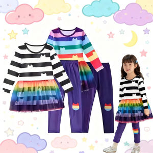 Spring Autumn Childrens Clothes Set Gabby Long Sleeved Rainbow Mesh Skirt +pants Set Dollhouse Cat Girls Tutu Two-Piece Sets
