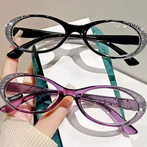 แว่นตาทรงรีกรอบขนาดเล็กเพชรสุดหรูแว่นตาอ่านหนังสือป้องกันแสงสีฟ้าวินเทจผู้ชายแฟชั่นแว่นตาธรรมดาสำหรับผู้หญิง