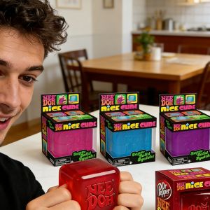 Needoh Nice Cube Super Squeeze Fidget Toy Translucent Red Stress Relief Squishy Cube BPA-Free Toy for Kids Adults