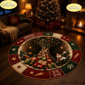 VIKAMA 3D Christmas Reindeer Round Rug Flannel Non Slip Circular Carpet Holly Berry Pattern Living Room Bedroom Floor Mat Xmas