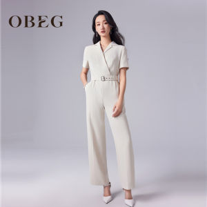 OBEG Elegant Goddess Style One-Piece Suit Womens Drapey Wide Leg Pants Commute Polyester Long Pants Straight Cut Summer