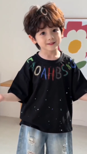 Baju Kanak Kanak Lelaki Set Model Terkini Tshirt Corak Percikan Cat Huruf Kapas Bernafas Longgar Seluar Jeans Lusuh Gaya Korea Daily Wear Musim Panas Untuk Keluar Harian