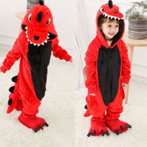 Red Dinosaur Halloweem One Piece Pajama for Children Cartoon Kigurumi Onesies Winter Warm Clothes for Boys Girls Christmas Gifts