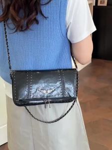 TLXT | Edgy Streetwear Rivet Flap Crossbody Bag Wing Embellishment Chain Shoulder Bag for Club Date Daily Outing