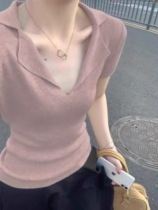 HUOLISI | Soft Light Pink Short Sleeve V-Neck Knitted T-Shirt Summer Close Fit Polo Turn-Down Collar