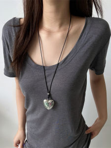 สร้อยคอแบบยาว โซ่หนังสีดำ เครื่องประดับแฟชั่น Y2K สำหรับผู้หญิง โซ่หมอนถักแบบลำลอง สร้อยคอรูปหัวใจ โซ่เสื้อกันหนาว เครื่องประดับแฟชั่นเกาหลี