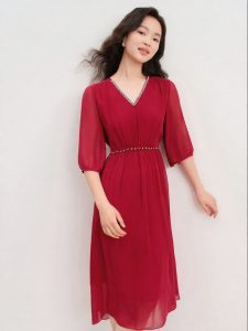 Koradior | New Summer 100 Silk Red Short Sleeve Midi Dress