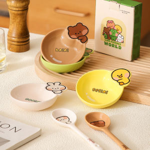 จานใส่น้ำพริกปรุงรสสีน้ำตาลรูปหมีบราวน์น่ารักสำหรับใช้ในบ้าน จานเล็กสำหรับต้มยำกุ้ง จานเซรามิกลายการ์ตูน จานกระดูก