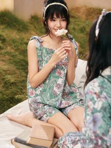 Bộ đồ ngủ LUNILAI cổ vuông in hoa cotton quần short thoáng khí