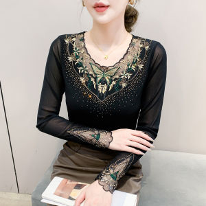 YIMEI Black V-neck mesh top for womens spring and autumn new style design with a western-style diamond hot pressed long sleeved t-shirt and temperament as the base layer
