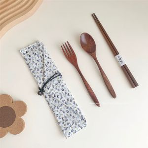 Bộ Ba Món Đồ Ăn Uống Bằng Gỗ Phong Cách Nhật Bản Thìa Đũa Thìa Dễ Mang Theo Có Túi Đựng Đồ Dùng Ăn Uống