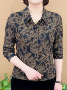 Fashionable Long Sleeve Printed Shirt Stand Collar Base Layer Top for Middle-Aged Women Spring 2026 Commute Style Korean Version