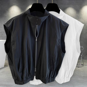 เสื้อยืดแฟชั่นฤดูร้อนของผู้ชายไม่มีแขนพร้อมปกซิปหลวมพอดีผสมใยเคมีสําหรับวัยรุ่น