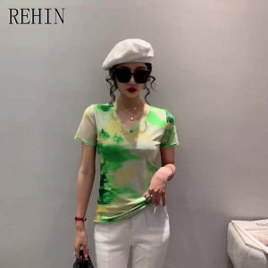 REHIN Womens top Summer new fashion mesh unique printing short-sleeved V-neck T-shirt Slim thin S-3XL elegant trendy blouse