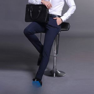 ROMON | Black Ice Silk Thin Casual Straight Leg Business Trousers Summer Lormen Mens Long Pants Slim Fit Stretchable Workwear
