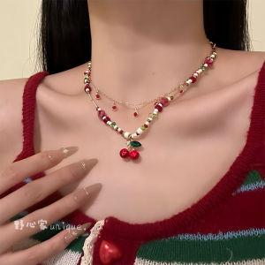 Original Design Sweet Colorful Dopaamine Cherry Bead Necklace Womens Red Cherry Clavicle Chain Fashion Jewelry Accessory