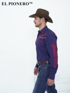 EL PIONERO Mens Western Cowboy Shirt Embroidered Shirt Long Sleeve Casual Snap Button Shirt