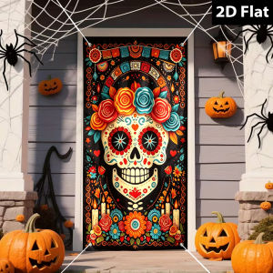 1Pc Rose Floral Sugar Skull Door Curtain Dia De Los Muertos Day of the Dead Door Banner for Halloween Yard Party Decor