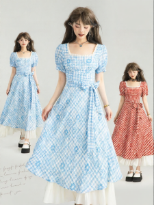 Keiko | French Style Blue and White Checkers Squared Collar Spliced A-line Dress