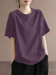 New 2025 Womens Pure Cotton Short Sleeve T-Shirt Loose Fit round Neck Maternity Top Solid Color Base Shirt Korean Style Commute