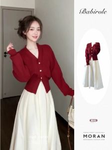Korean Style Red Knitted Sweater Coat White Slimming Christmas Spring Autumn Fashion Set Waist-Cinching Two-Piece Ensemble