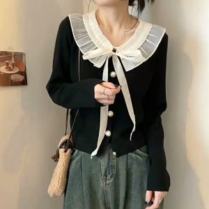 Dahong   C150 เสื้อกันหนาว  เสื้อคาร์ดิแกน  แขนยาว คอวี ประดับโบว์ สีพื้น ทรงสลิมฟิต สําหรับผู้หญิง