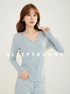 Sleepy Rabbit Long Sleeve T-Shirt Womens Casual Slim Fit V-Neck Top Spring Autumn Small Size Base Shirt Simple Leisure Upper Apparel