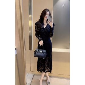 Váy Ren Cổ Chữ V Màu Đen Cao Cấp Dành Cho Nữ Mùa Xuân Thu Thiết Kế Mới Váy Midi Dáng Chữ a Ôm Sát Cơ Thể Váy Công Sở