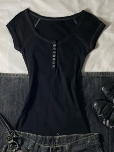 Original American Retro Black Shoulder T-Shirt Womens Spring Summer Slimming Top Byao Girl Polyester Fiber Short Sleeve round Neck