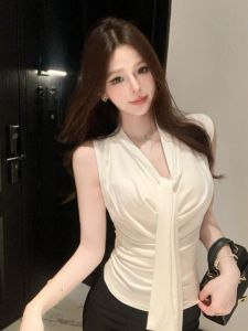 GUZILIAN | Elegant French Style Off Shoulder Sleeveless Vest For Women With Sash Trendy Commute Style Regular Thickness Summer Outerwear