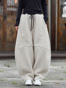 Retro Style Mens Cotton Pants Winter Lamb Fur Straight Leg Loose Wide Leg Large Size Thickened Lantern Long Trousers