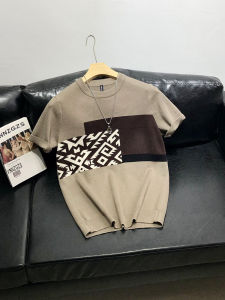 Mens Fashion Thickened Short Sleeve Knitted Sweater Slim Fit Half Sleeve T-Shirt Color Block Base Shirt Winter Casual Wear