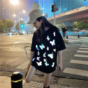 Reflective Short Sleeve T-Shirt Womens Loose Fit Pure Cotton Summer New Style Butterfly Print Casual Top Trendy Streetwear